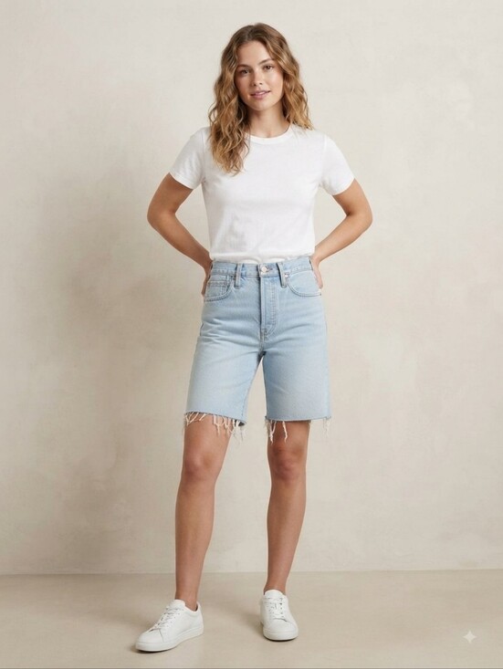 Madewell Pants - Light Wash High-Rise Denim Bermuda Shorts - Light Blue